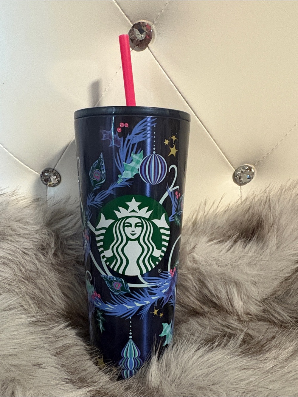 Starbucks Dark Blue Tumbler with Pink Straw and Green Logo